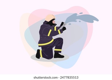 Bombero con manguera de extinción de Ilustración vectorial de incendios. Hombre con ropa protectora y herramientas. Bombero, seguridad, concepto de rescate