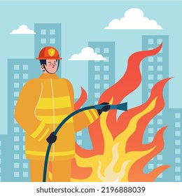 firefighter with hose on the city