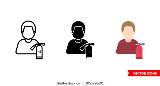 Firefighter icon of 3 types: color, black and white, outline. Isolated vector sign symbol.