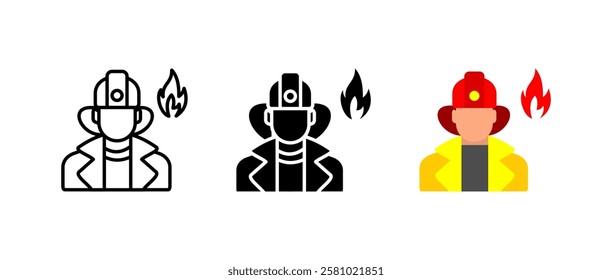 Firefighter icon. Emergency rescue sign. Fire protection and safety symbol. Fireman with helmet and flame pictogram. Disaster response and bravery illustration.