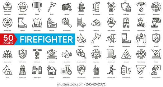 Firefighter icon. Fireman Helmet, Firefighter helmet, Fire Hose, Truck, Fire Hydrant, Fire Extinguisher, Fire Alarm and helmet shield icon.