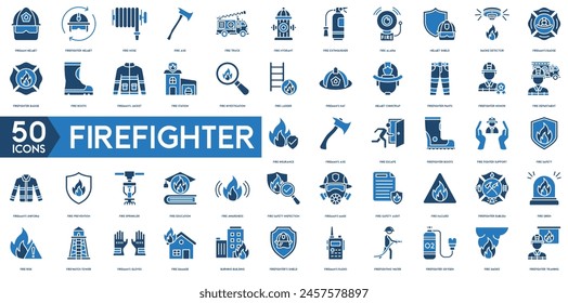 Firefighter icon. Fireman Helmet, Firefighter helmet, Fire Hose, Truck, Fire Hydrant, Fire Extinguisher, Fire Alarm and helmet shield icon.