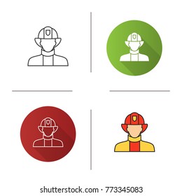 Firefighter icon. Flat design, linear and color styles. Fireman. Dangerous profession. Isolated vector illustrations