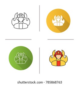 Firefighter icon. Flat design, linear and color styles. Fireman. Isolated vector illustrations
