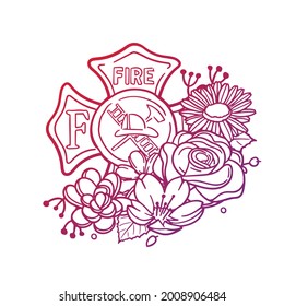 Firefighter Icon Rose Flower with Vintage Medal Design. Security Floral Frame Ornament Vector Style. Decoration Design Wreath Illustration.