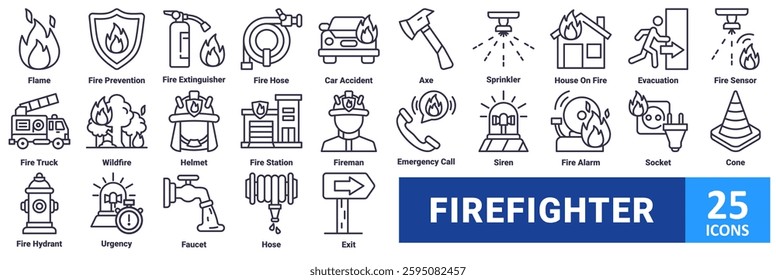 Firefighter icon se. with icon flame, fire prevention, fire extinguisher, hose, car accident, axe, sprinkler, house on fire, evacuation, sensor,truck, wildfire, helmet, station