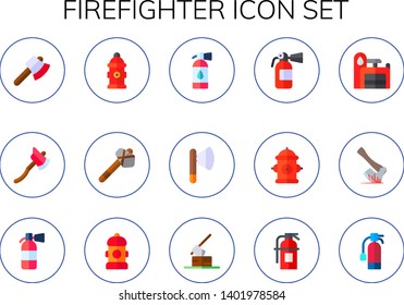 firefighter icon set. 15 flat firefighter icons.  Simple modern icons about  - axe, hydrant, fire extinguisher, fire station, extinguisher, fire hydrant