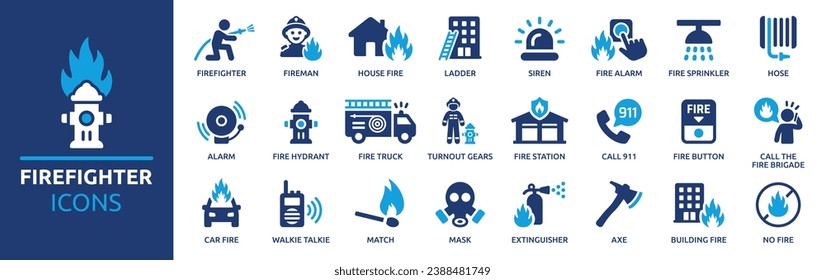 Firefighter icon set. Containing fireman, fire truck, hose, fire station, house fire, siren and fire hydrant. Solid vector icons collection.