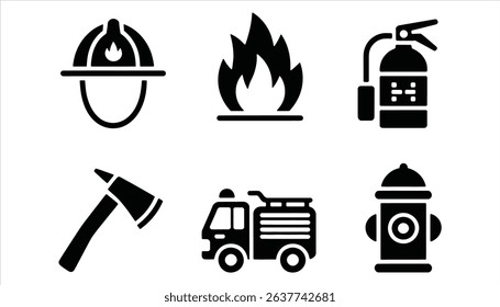 Firefighter Icon Set with Fire Helmet, Extinguisher, Axe, and Truck	
