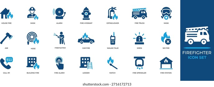 Ícone de bombeiro conjunto com fogo resgate, sirene, profissional, resgate, incêndio, perigo, salvamento, segurança, emergência, símbolos de quartel de bombeiro para aplicativos, Infográficos, projetos de segurança pública.