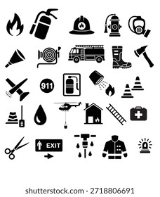 Firefighter Icon Set – Fire Safety, Rescue Equipment, and Emergency Service Symbols