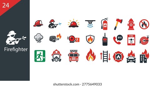 Firefighter Icon Set Fireman, Extinguisher, Hydrant, Fire Alarm and Emergency Safety Symbols