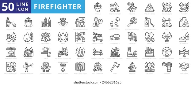 Firefighter icon set with first responder, rescue, hazardous, threaten life, emergency, department and emergency service.