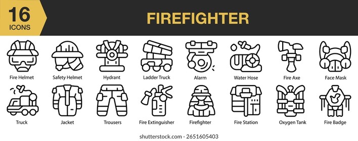 Firefighter icon set. Includes rescue, emergency, firefighter, fire, safety, and More. Outline icons vector collection.