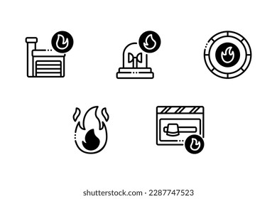 firefighter icon set, including fire station, alarm, badge, flame, axe. Vector illustration