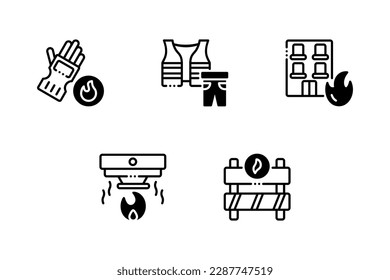 firefighter icon set, including gloves, uniform, burning building, smoke detector, barrier. Vector illustration