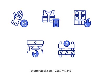 firefighter icon set, including gloves, uniform, burning building, smoke detector, barrier. Vector illustration