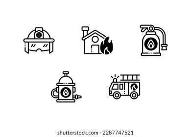 firefighter icon set, including helmet, fire house, fire extinguisher, hydrant, truck. Vector illustration