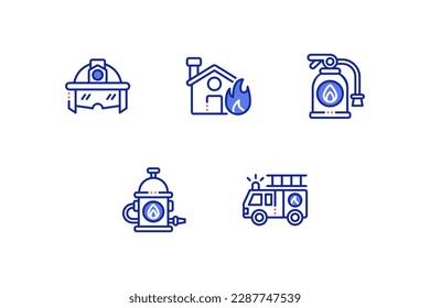 firefighter icon set, including helmet, fire house, fire extinguisher, hydrant, truck. Vector illustration