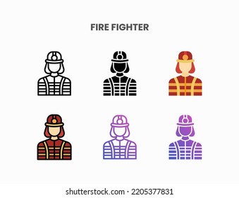 Firefighter icon set with line, outline, flat, filled, glyph, color, gradient. Can be used for digital product, presentation, print design and more.