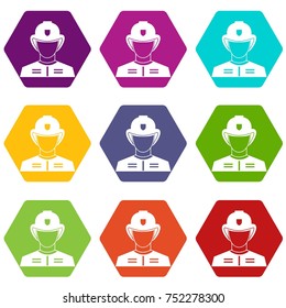 Firefighter icon set many color hexahedron isolated on white vector illustration