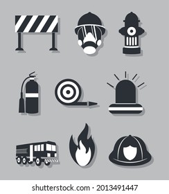 firefighter icon set on gray background