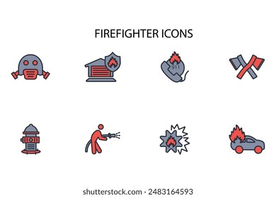 Conjunto de iconos de bombero.Vector.Trazo editable.signo de estilo lineal para el uso de Diseño web,logotipo.Ilustración de símbolo.