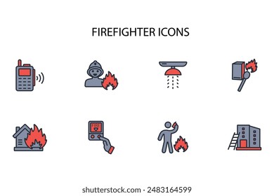 Firefighter icon set.vector.Editable stroke.linear style sign for use web design,logo.Symbol illustration.