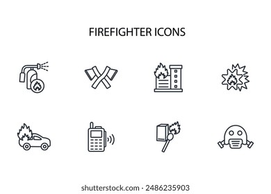 Firefighter icon set.vector.Editable stroke.linear style sign for use web design,logo.Symbol illustration.