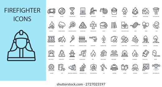 conjunto de iconos de bombero. Vector. Golpe editable. signo de estilo lineal para uso Diseño web, logotipo. Ilustración de símbolo.