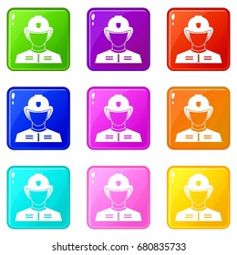 Firefighter icons of 9 color set isolated vector illustration