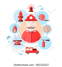 Firefighter and icons around. Flat style vector illustration