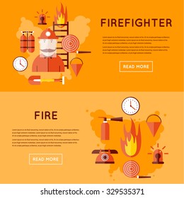 Firefighter and icons around. Flat style vector illustration.