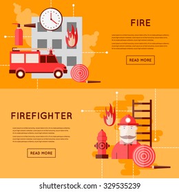 Firefighter and icons. Fire truck on fire. Flat style vector illustration