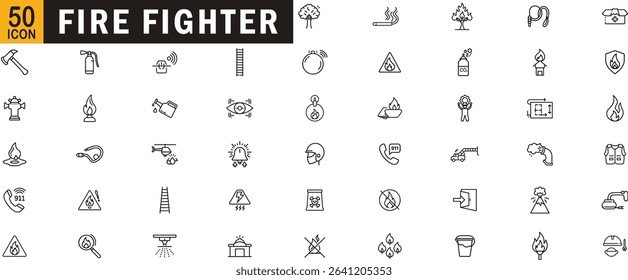Firefighter icons pack. Emergency fire rescue, safety tools, extinguishing, fire alarm, fire truck, protective gear.
