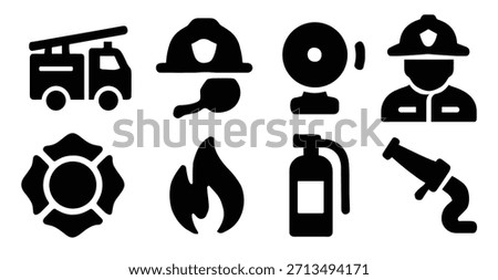 firefighter icons set of black firefighter and fire safety