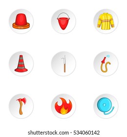 Firefighter icons set. Cartoon illustration of 9 firefighter vector icons for web