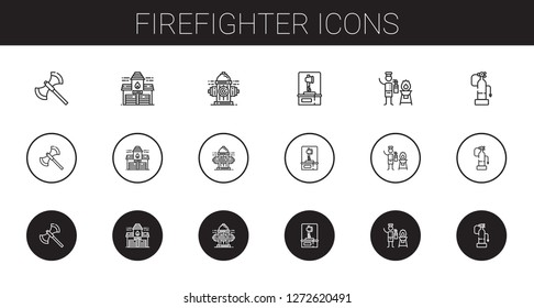 firefighter icons set. Collection of firefighter with axe, fire station, hydrant, fire extinguisher. Editable and scalable firefighter icons.