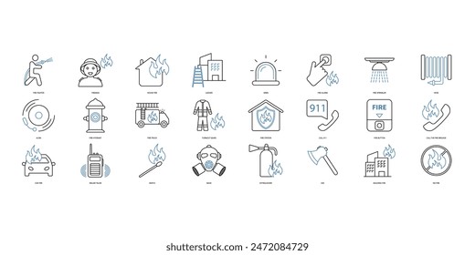 Firefighter icons set. Set of editable stroke icons.Set of Firefighter