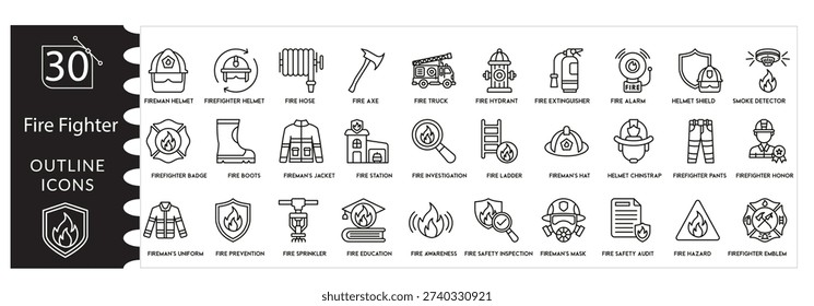 Firefighter Icons Set, Fire Rescue, Emergency Response, Fire Truck, Safety Equipment, Hazard Control, Protection Service, Editable Stroke Vector Illustration.
