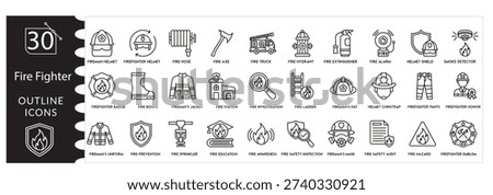 Firefighter Icons Set, Fire Rescue, Emergency Response, Fire Truck, Safety Equipment, Hazard Control, Protection Service, Editable Stroke Vector Illustration.
