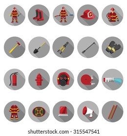 Firefighter icons set in flat design with long shadow. Illustration EPS10