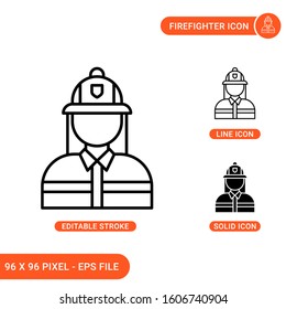 Firefighter icons set vector illustration with solid icon line style. Safety fireman concept. Editable stroke icon on isolated background for web design, infographic and UI mobile app.