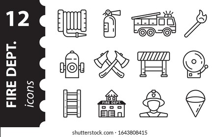 Firefighter icons in vector. Fire Department symbol. Set of Fire station linear signs.