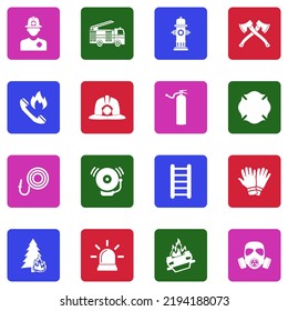Firefighter Icons. White Flat Collection In Square. Vector Illustration.