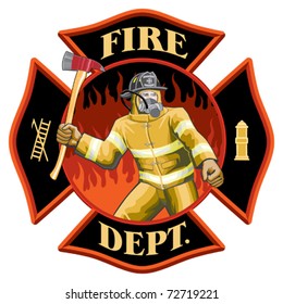 Firefighter Inside Maltese Cross Symbol is an illustration of a firefighter with axe inside a Maltese cross symbol.