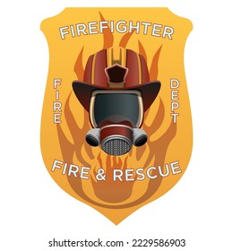Firefighter insignia. Firefighter mask, helmet and axes behind on shield badge. Colorful vector illustration on a white background.