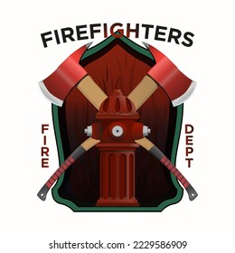 Firefighter Insignia in realistic style. Firefighter axes and hydrant on shield Badge. Colorful vector illustration on a white background.