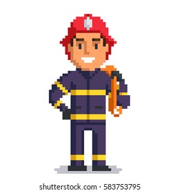 Firefighter isolated on white background. fireman pixel game style illustration. vector pixel art design. funny 8 bit people character icon. 