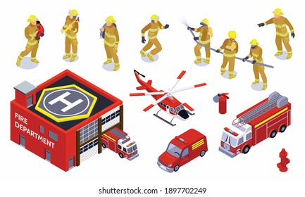 Firefighter isometric color icons set with special transport warden and brigade of professionals in work isolated vector illustration